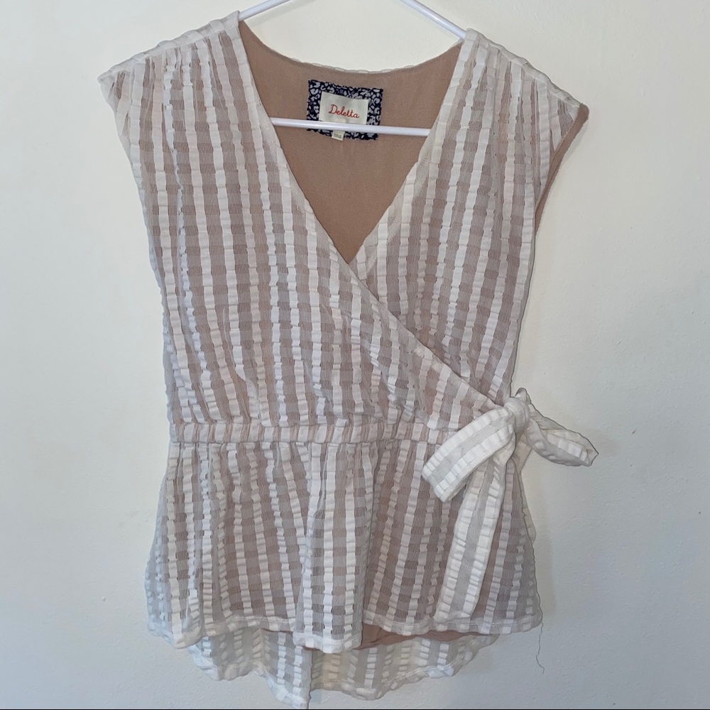 Anthropologie White & Tan Tie Top